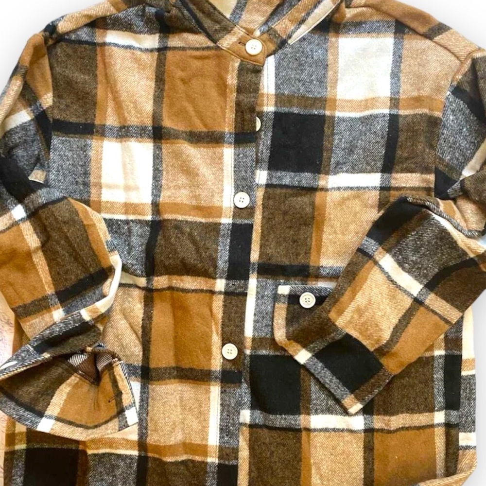 New Bohemian Casual Khaki Soft Collard Plaid Print Button Front Blouse Large - Picture 11 of 11